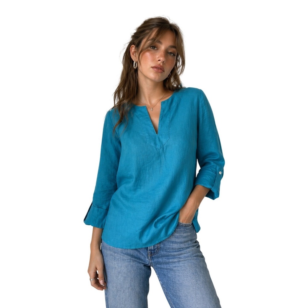 LAUREN RALPH LAUREN Linen Tunic Blouse Roll Tab Sleeve Teal Resortwear M‎
